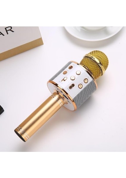 Çocuklar Için Karaoke Mikrofon Bluetoothlu Mikrofon Speaker Yetişkin Için Karaoke Aux USB Sd Kart Girişli Mic (Altın)