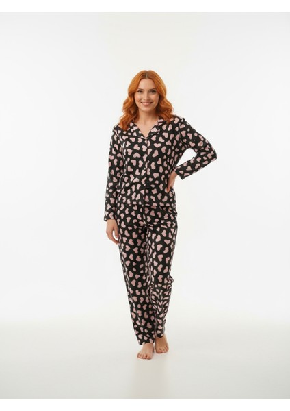 Süet Gömlek Pijama Takımı 7103 Kalpli Siyah fırsatları
