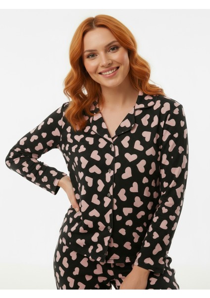Süet Gömlek Pijama Takımı 7103 Kalpli Siyah indirimleri