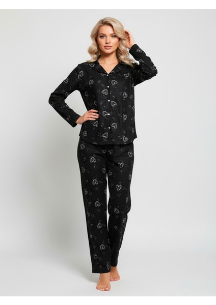 Süet Gömlek Pijama Takımı 7002 Kalp Desenli
