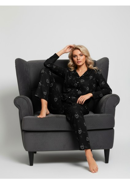 Süet Gömlek Pijama Takımı 7002 Kalp Desenli indirimleri
