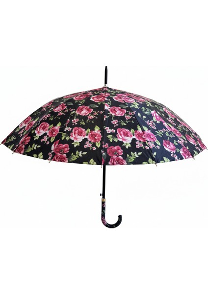 Renkli Çiçekli 1. Sınıf Kalite Baston Tip Rüzgar Korumalı Metal 16 Telli Siyah Gövdeli Şemsiye