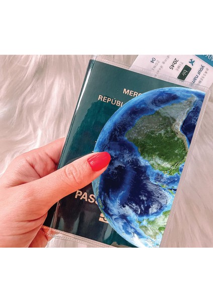 Tüm Ülke Pasaportları ile Uyumlu Şeffaf Pvc Baskılı Cepli Pasaport Kılıfı Kabı - Dünya