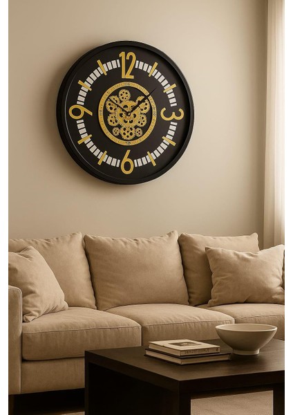 Gearline Serisi 60 cm Döner Çarklı Mekanizmalı Latin Rakamlı Sessiz Akar Metal Dekoratif Duvar Saati Siyah-