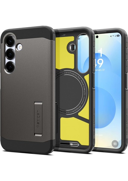Galaxy S25 ile Uyumlu Ekstra Dayanıklı Kılıf Tough Armor Ai Hava Kanalı Teknolojisi Askeri Sınıf Koruma Magfit Özellikli Kickstand'lı Gunmetal Çift Katman Kapak - ACS09009