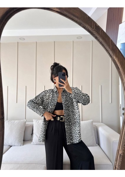 Siyah Leopar Gabardin Gömlek modelleri