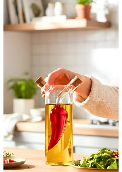 Capsi Çift Katmanlı Borosilikat Cam Yağlık Sirkelik Biber Figürlü Damlatmaz Şişe 350 ml