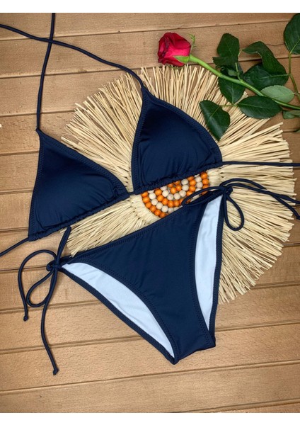 Kadın Likralı Esnek Yandan ve Boyundan Bağlamalı Şık Ipli Üçgen Bikini Takım