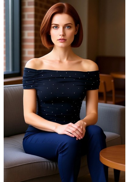 Kadın Noktalı Carmen Yaka Örme Bluz Günlük ve Özel Anlar Için Ideal Kaliteli Şık Rahat Modern