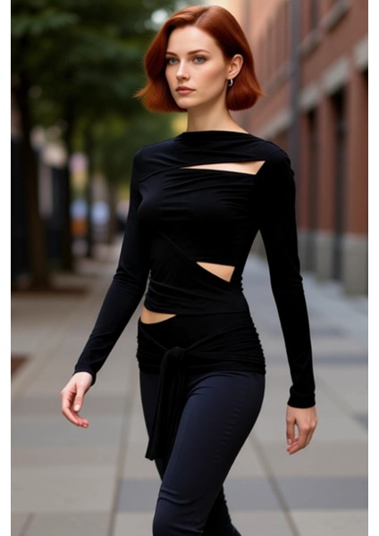 Kadın Asimetrik Kesimli Uzun Kollu Örme Bluz Kaliteli Şık Rahat Modern Zarif Günlük