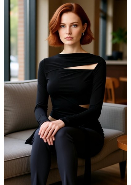 Kadın Asimetrik Kesimli Uzun Kollu Örme Bluz Kaliteli Şık Rahat Modern Zarif Günlük fiyatları