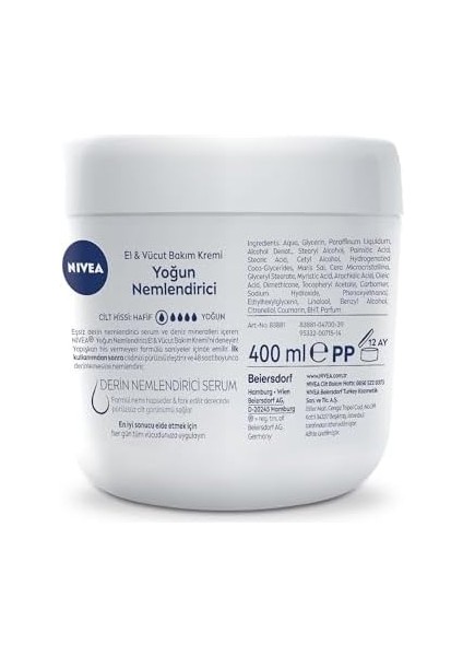 Nıvea Yoğun Nemlendirici El & Vücut Bakım Kremi 400ML, Normal/kuru Ciltler 48 Saat Nemlendirme fiyatları
