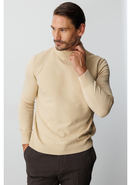 Bej Standart Fit Dar Kalıp Yarım Balıkçı Düz Uzun Kollu Triko indirimleri