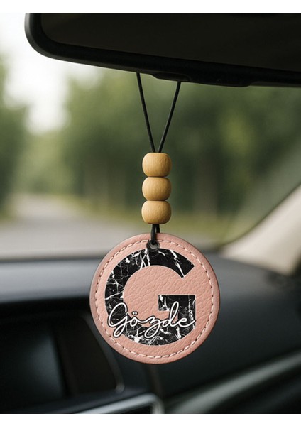 Kişiye Özel Isim Yazılı 1.sınıf Deri Ahşap Dekorlu Dikiz Aynası Süsü Pudra Pembe - G Harfi