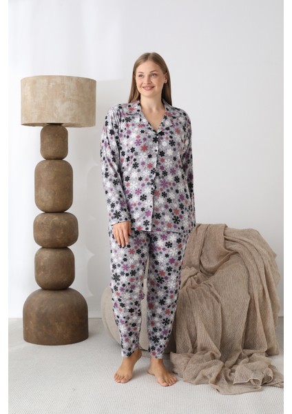 Boydan Düğmeli Süet Kumaş Büyük Beden Kadın Pijama Takımı 2170