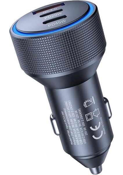 HP-780 105 Watt Araç Içi Şarj Cihazı 3.1A Pd 45 Watt Hızlı Şarj Aleti Metal Çakmaklık Şarj Type C 3-Port Işıklı