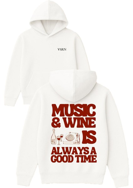 Musıc ve Wıne Tasarım Baskılı Oversize Beyaz Kapüşonlu Sweatshirt