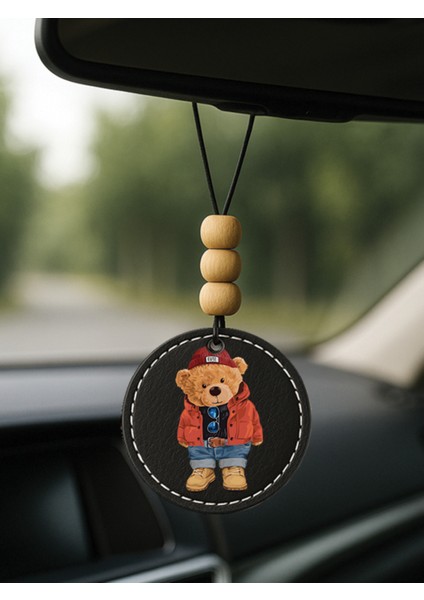 1.sınıf Suni Deri Süslemeli Desenli Uv Baskı Dikiz Araç Aynası Süsü Siyah - Teddybear