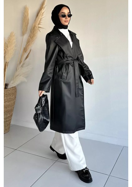 Tesettür Çift Cepli Bel Kuşaklı Astarlı Suni Deri Trençkot P-00018920