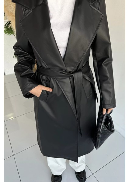Tesettür Çift Cepli Bel Kuşaklı Astarlı Suni Deri Trençkot P-00018920 fiyatları