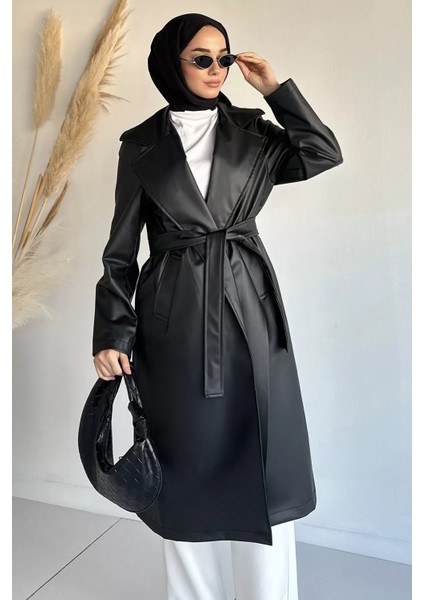 Tesettür Çift Cepli Bel Kuşaklı Astarlı Suni Deri Trençkot P-00018920 modelleri