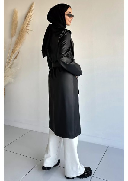Tesettür Çift Cepli Bel Kuşaklı Astarlı Suni Deri Trençkot P-00018920 fırsatları