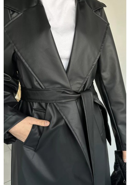 Tesettür Çift Cepli Bel Kuşaklı Astarlı Suni Deri Trençkot P-00018920 indirimleri
