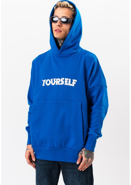 Erkek Mavi Oversize Sweatshirt Yazılı Kapüşonlu