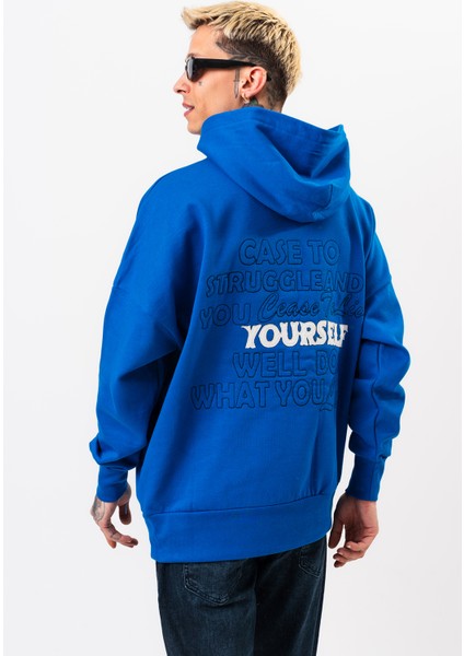 Erkek Mavi Oversize Sweatshirt Yazılı Kapüşonlu modelleri
