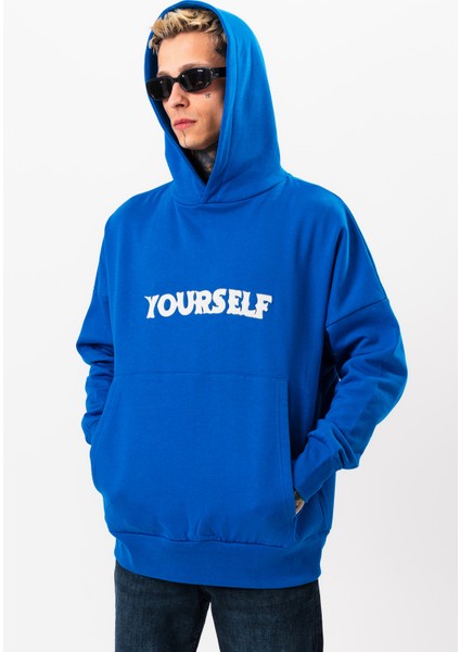 Erkek Mavi Oversize Sweatshirt Yazılı Kapüşonlu fırsatları