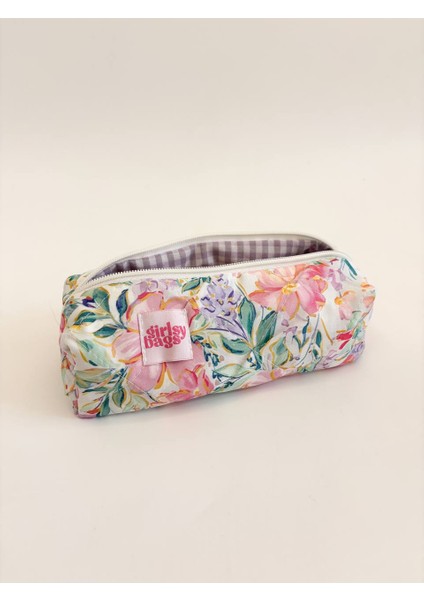 Lila Pembe Çiçekli Tek Gözlü Kalemlik Yıkanabilir Fermuarlı Okul Kalem Kutusu Pembe Kalemlik