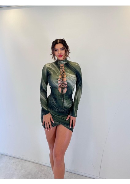 Yeşil Geometrik Desenli Mikro Kumaş Mini Elbise modelleri