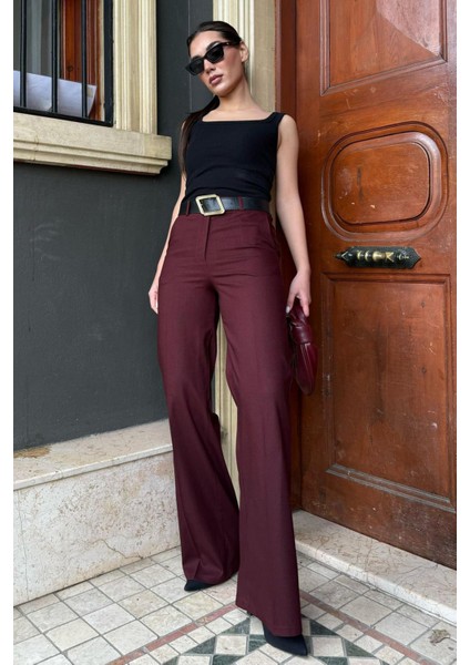 Bordo Yüksek Bel Kumaş Pantolon MG2285