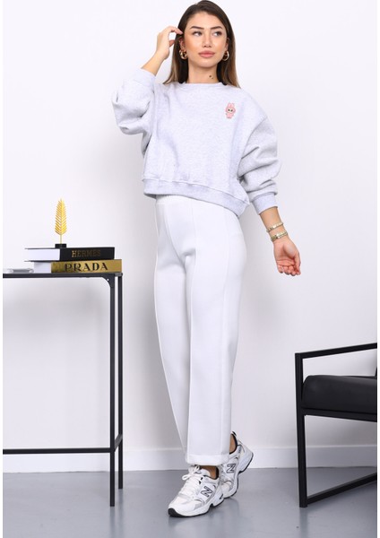 Gri Bisiklet Yaka Nakışlı Üç İplik Kısa Oversize Sweat fiyatları