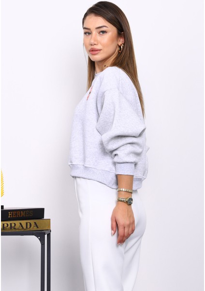 Gri Bisiklet Yaka Nakışlı Üç İplik Kısa Oversize Sweat fırsatları