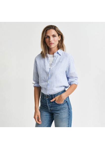 Kadın Mavi Regular Fit Klasik Yaka Çizgili Keten Gömlek