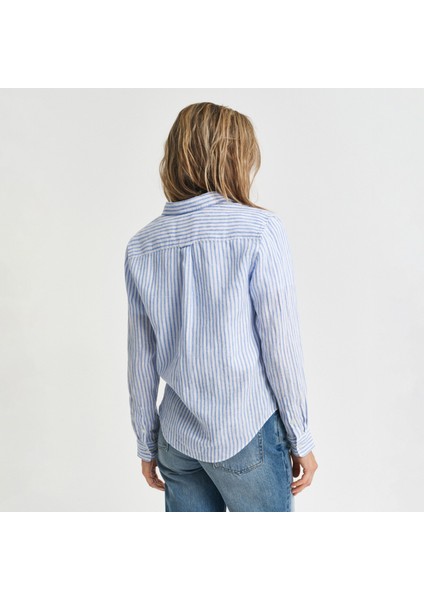 Kadın Mavi Regular Fit Klasik Yaka Çizgili Keten Gömlek modelleri