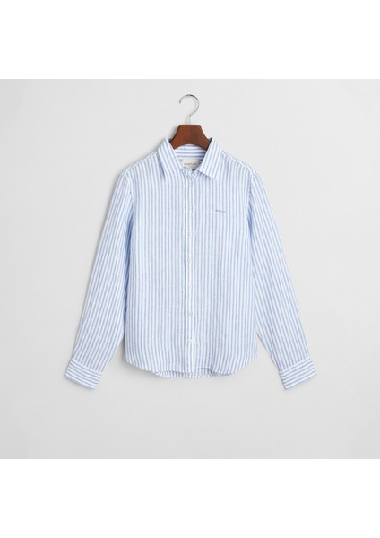 Kadın Mavi Regular Fit Klasik Yaka Çizgili Keten Gömlek indirimleri