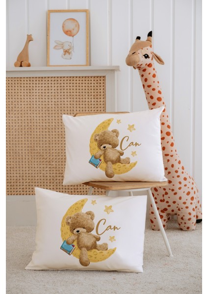 %100 Pamuk Isme Özel 2li Ekru Bebek Yastık Kılıfı 35X45 Cm-Ayıcık