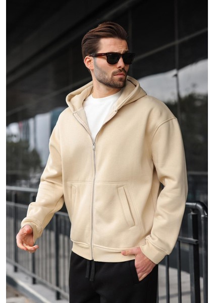 Bej Fermuarlı Kapüşonlu Erkek Hırka E7174