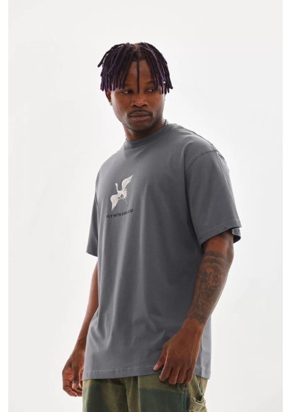 Unisex Baskılı Oversize T-Shirt - Füme modelleri