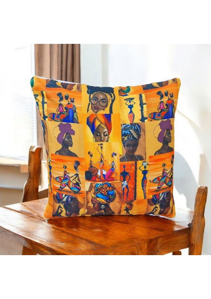 Afrika Temalı Tek Tarafı Karma Resimli Dijital Baskı Pamuklu Bohem Kırlent Kılıfı