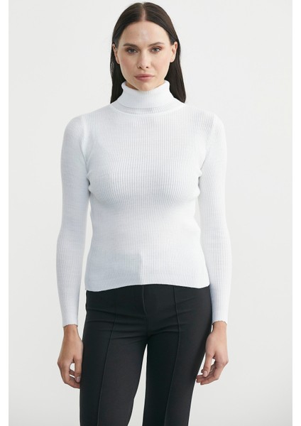 Tam Balıkçı Fitilli Basic Triko Kazak - Beyaz