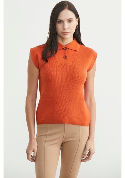 Şal Yaka Yarım Düğmeli Triko Süveter - Oranj