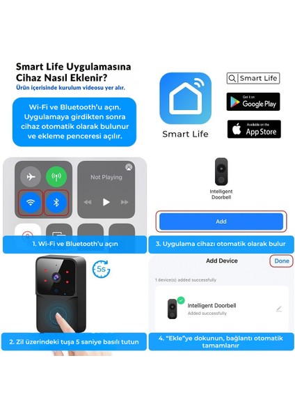 Akıllı Görüntülü Kablosuz Kapı Zili Wifi Bağlantılı Hd Kamera Gece Görüşlü