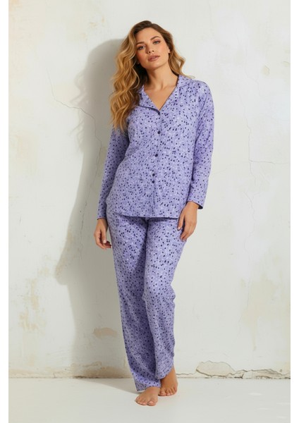 Süet Gömlek Pijama Takımı 7106 Çiçekli Lila