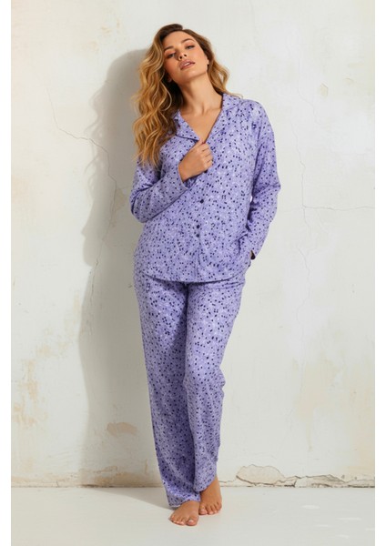 Süet Gömlek Pijama Takımı 7106 Çiçekli Lila modelleri
