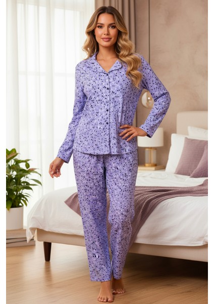 Süet Gömlek Pijama Takımı 7106 Çiçekli Lila fırsatları