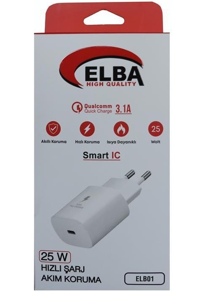 ELB01-25WPD Beyaz 25W Şarj Kafa Type Usb-C Pd3.0-Qc4.0(Akım Koruma-Hızlı Şarj-Isıya Dayanıklı)