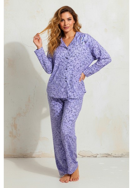 Süet Gömlek Pijama Takımı 7106 Çiçekli Lila